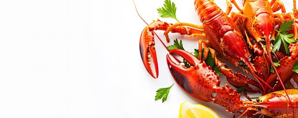 Wall Mural - Close-up of Cooked Lobsters with Parsley and Lemon on a White Background