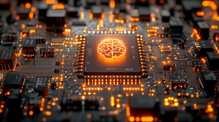 Wall Mural - A printed circuit board with a glowing brain icon, symbolizing artificial intelligence and advanced technology.