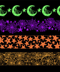 Canvas Print - Vector set of bright hand drawn spider webs. Seamless patterns, on black background