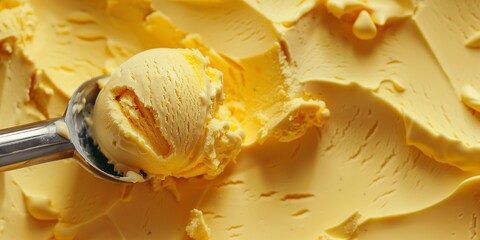 Creamy banana or mango ice cream on a spoon. Dessert texture to promote summer treats. Banner with copy space