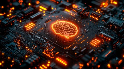 Wall Mural - A printed circuit board with a glowing brain icon, symbolizing artificial intelligence and advanced technology.