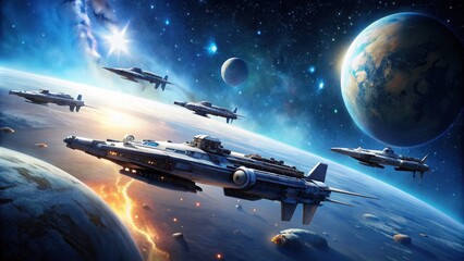 Wall Mural - Sleek fleet of spaceships traveling through space with detailed otherworldly background, spaceships, fleet, space