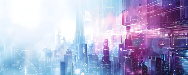 Wall Mural - Futuristic Cityscape with Digital Overlays and Circuitry