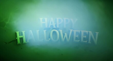 Wall Mural - 3D animated Halloween scene with a green background, spooky bats flying around, and the word Happy Halloween written in a spooky font with a glowing effect.