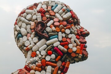 Sticker - Robotic head composed of colorful pills portraying the intersection of AI and pharmaceuticals