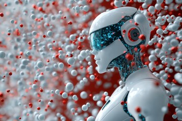 Wall Mural - Red and white robot child in a curious pose surrounded by a sea of pills exploring medical themes