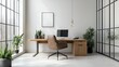 © arthit - A minimalist home office with a large desk, a comfortable chair, and no unnecessary items.