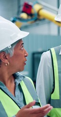 Poster - mature, people and conversation with tablet or machine for design review, inspection results or comp