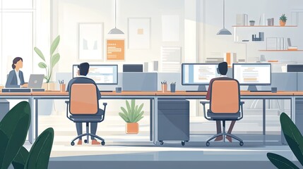 Poster - A modern office with employees working on wireless devices, showcasing a connected workspace.