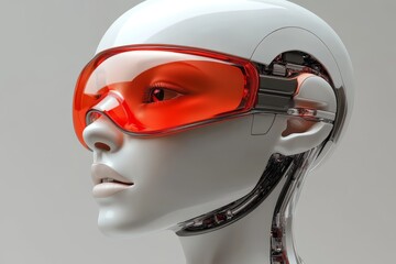 Poster - Sleek robotic head wearing red sports glasses blending high tech with modern lifestyle elements