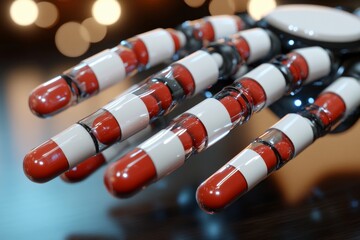 Sticker - A row of red and white capsules held by robotic fingers illustrating precision in pharmaceutical automation