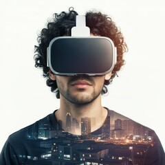 man wearing virtual reality headset, futuristic cityscape overlay, double exposure effect, modern technology, plaid shirt, isolated background, digital immersion, VR experience, light reflections