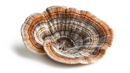 A single turkey tail mushroom with its distinctive concentric rings, isolated on a white background