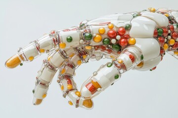 Poster - Robotic hand filled with assorted pills depicting the integration of automation in modern medicine and healthcare management