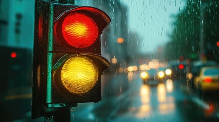 Poster - A vibrant traffic light shining brightly against a backdrop of rainy city streets.