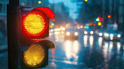 Poster - A vibrant traffic light shining brightly against a backdrop of rainy city streets.