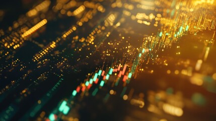 Poster - Close-up of a gold stock market graph with green and red candlesticks on a screen.