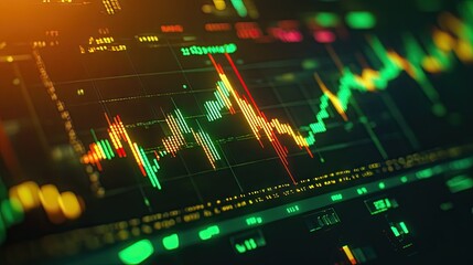 Poster - Close-up of a gold stock market graph with green and red candlesticks on a screen.