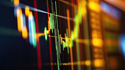 Poster - Close-up of a gold stock market graph with green and red candlesticks on a screen.
