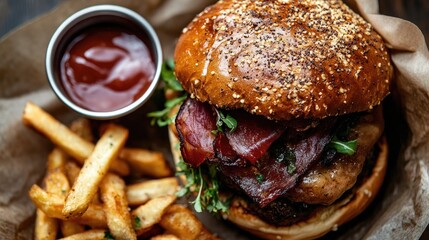 Top view of a gourmet truffle burger with crispy prosciutto and a soft pretzel bun, served with a side of fries. -