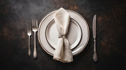 Top view of a table setting with an empty plate, napkin, and silverware, offering space for text.