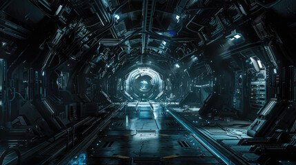 dark interior of alien space base or spaceship, gloomy corridor inside extraterrestrial spacecraft, 