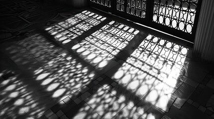 Canvas Print - Sunlight filtering through a wrought iron gate, casting detailed shadows on a tiled floor