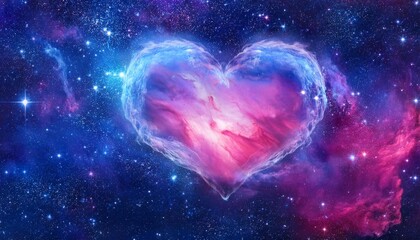 Wall Mural -  Glowing heart-shaped nebula floating in a deep blue space, surrounded by sparkling stars, wi.