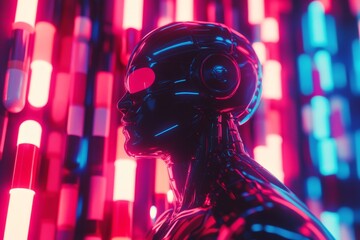 Poster - Neon lit robotic head portrait depicting a futuristic vision of cyber intelligence and digital consciousness