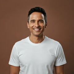 Wall Mural - portrait of man, white t-shirt, jeans, smiling expression, flat background, studio light, clear details, natural colors