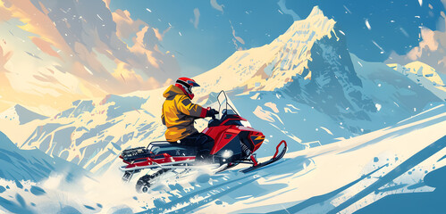 Wall Mural - Snowmobiling: Man driving a snowmobile in a winter mountain background, wearing a helmet 