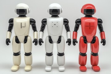 Poster - Three robots in varying colors standing side by side representing diversity and uniformity in robotic design and technology