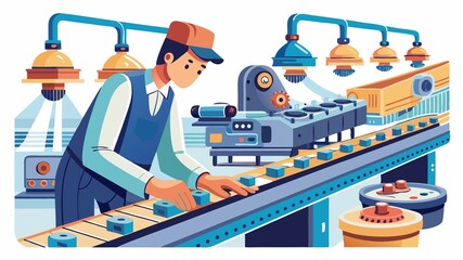 An assembler working on a bustling assembly line. The design creates a visually striking backdrop for highlighting the essential role of assemblers in achieving high-volume production.