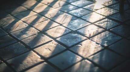 Canvas Print - Sunlight casting a pattern of light and shadow on a glossy square tile floor