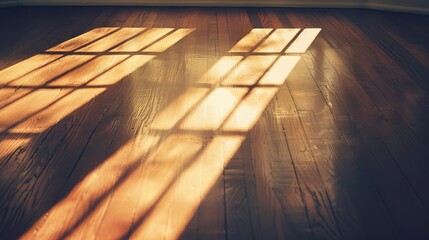 Canvas Print - Sunlight shines through window, casting geometric shadows on hardwood floor, adding natural brightness and warmth to interior design and architectural details