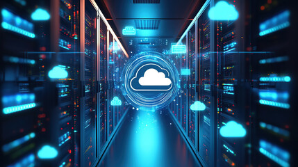 Digital illustration of cloud storage technology with icons and data connection in server room background