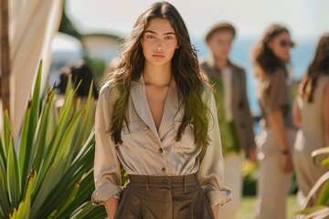 Fashionable Woman in a Silky Blouse and Brown Trousers