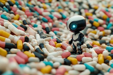 Wall Mural - Small robotic device navigating colorful pharmaceutical pills in a controlled environment