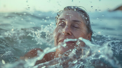 Mature woman swimming in the sea and playing with water