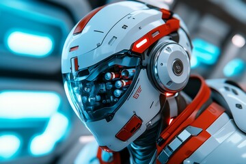 Poster - Futuristic robotic head with intricate blue detailing and focused gaze in a high tech setting