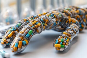 Poster - Colorful robotic snake coiling through an array of pharmaceutical pills symbolizing medical innovation