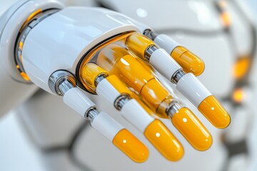 Wall Mural - White and yellow robotic hand performing tasks with agility symbolizing robotic efficiency and precision