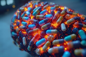 Wall Mural - Vibrant robotic head surrounded by colorful pills symbolizing the fusion of technology and medicine