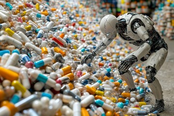 Wall Mural - Robotic hand delicately sorting through an array of colorful pills showcasing precision and control