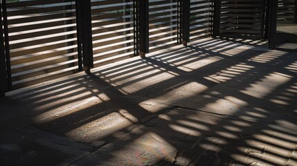 Canvas Print - Abstract geometric patterns created by sunlight casting fence shadows on concrete floor