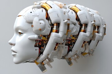 Poster - Futuristic humanoid robot head overlaid with intricate mechanical details in a minimalist setting