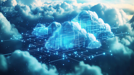 3D render of clouds with data and cyber network on a blue background