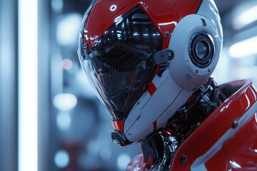 Poster - Sleek red and white robotic figure in dynamic motion embodying cutting edge robotic design