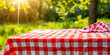 © Gabriela - A checkered red and white tablecloth sits on a grassy field. The sun is shining brightly on the table, creating a warm and inviting atmosphere