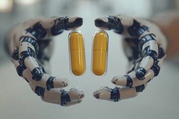 Sticker - Robotic hand with glowing pills illustrating the intersection of advanced robotics and pharmaceuticals